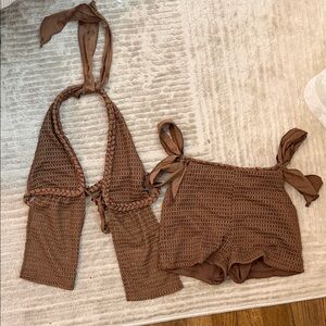 SHEIN Brown Crochet Crop Top and Shorts Set